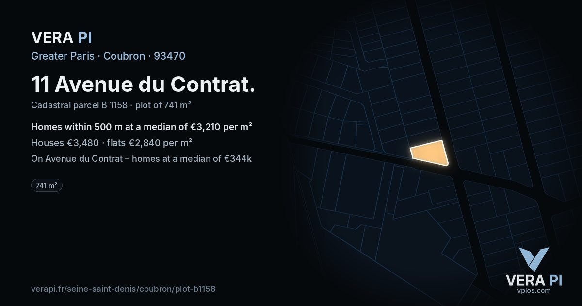 11 Avenue du Contrat, Coubron at night – the plot lit, the parcels around coloured by the prices near them