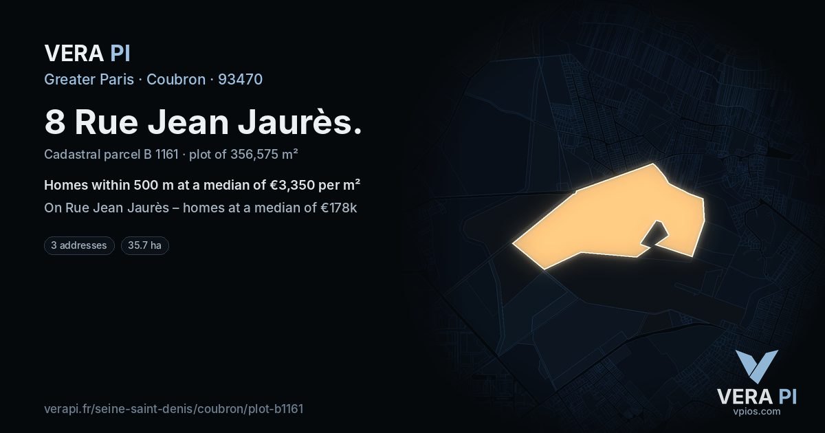 8 Rue Jean Jaurès, Coubron at night – the plot lit, the parcels around coloured by the prices near them