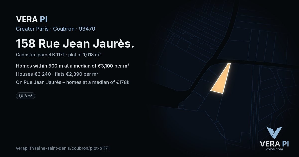 158 Rue Jean Jaurès, Coubron at night – the plot lit, the parcels around coloured by the prices near them