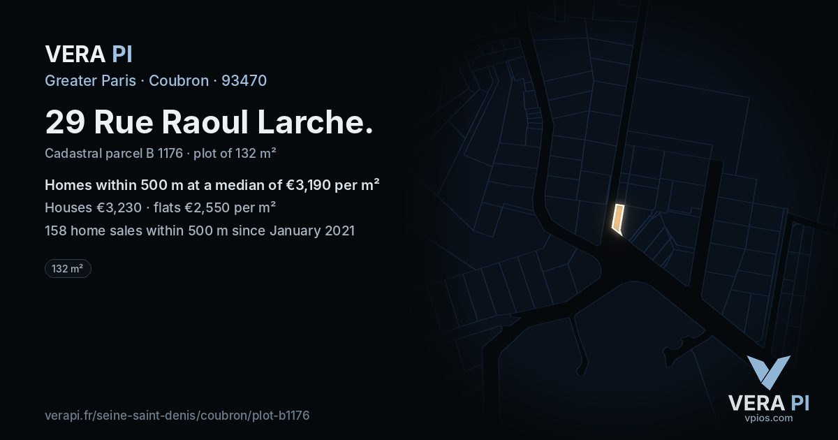 29 Rue Raoul Larche, Coubron at night – the plot lit, the parcels around coloured by the prices near them