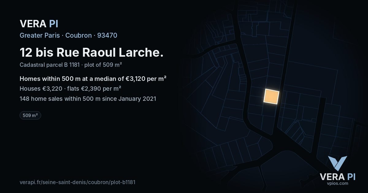 12 bis Rue Raoul Larche, Coubron at night – the plot lit, the parcels around coloured by the prices near them