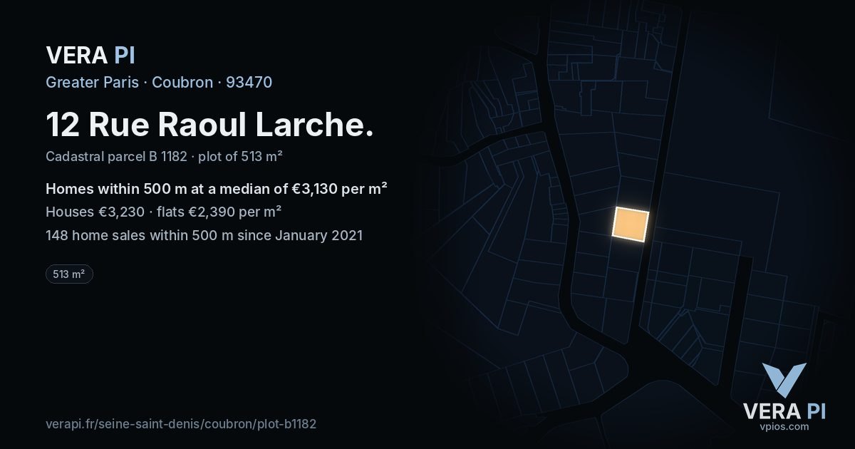 12 Rue Raoul Larche, Coubron at night – the plot lit, the parcels around coloured by the prices near them