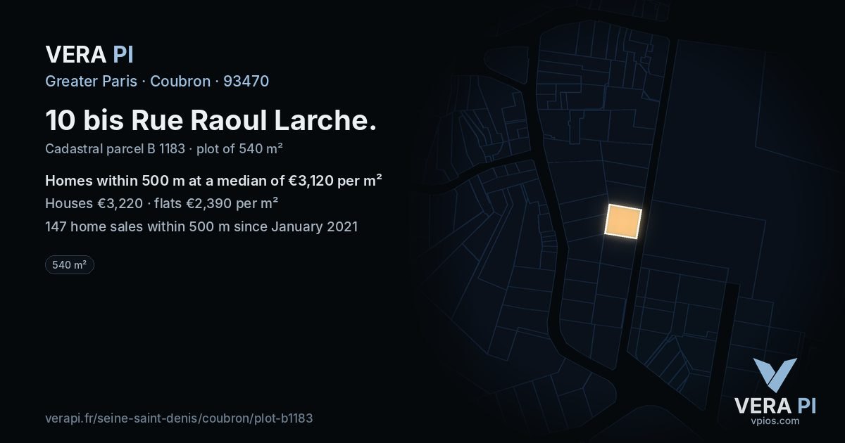 10 bis Rue Raoul Larche, Coubron at night – the plot lit, the parcels around coloured by the prices near them