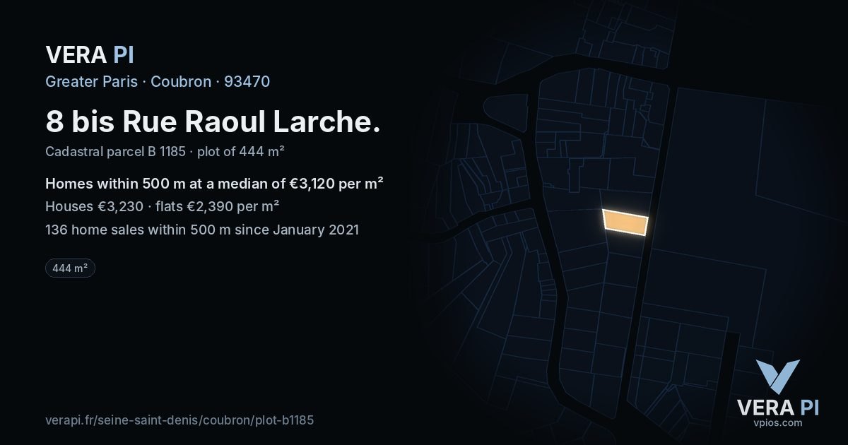 8 bis Rue Raoul Larche, Coubron at night – the plot lit, the parcels around coloured by the prices near them