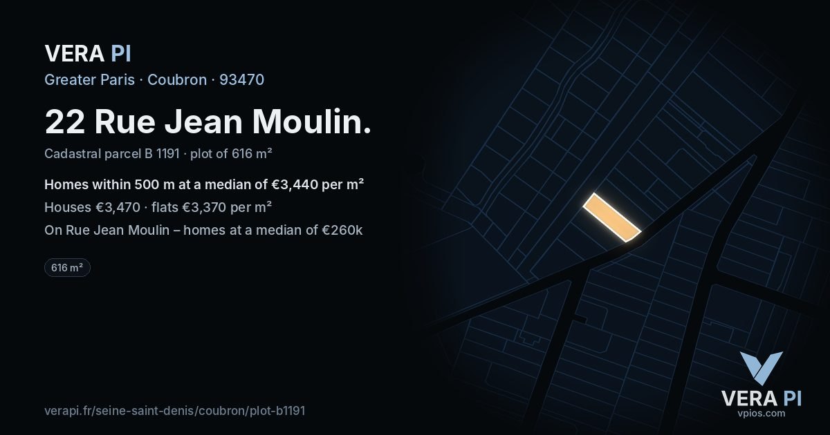22 Rue Jean Moulin, Coubron at night – the plot lit, the parcels around coloured by the prices near them