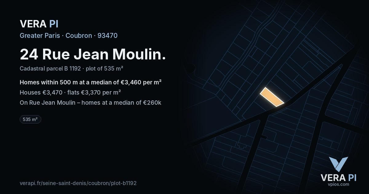 24 Rue Jean Moulin, Coubron at night – the plot lit, the parcels around coloured by the prices near them