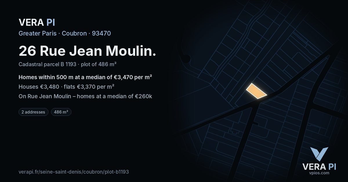 26 Rue Jean Moulin, Coubron at night – the plot lit, the parcels around coloured by the prices near them