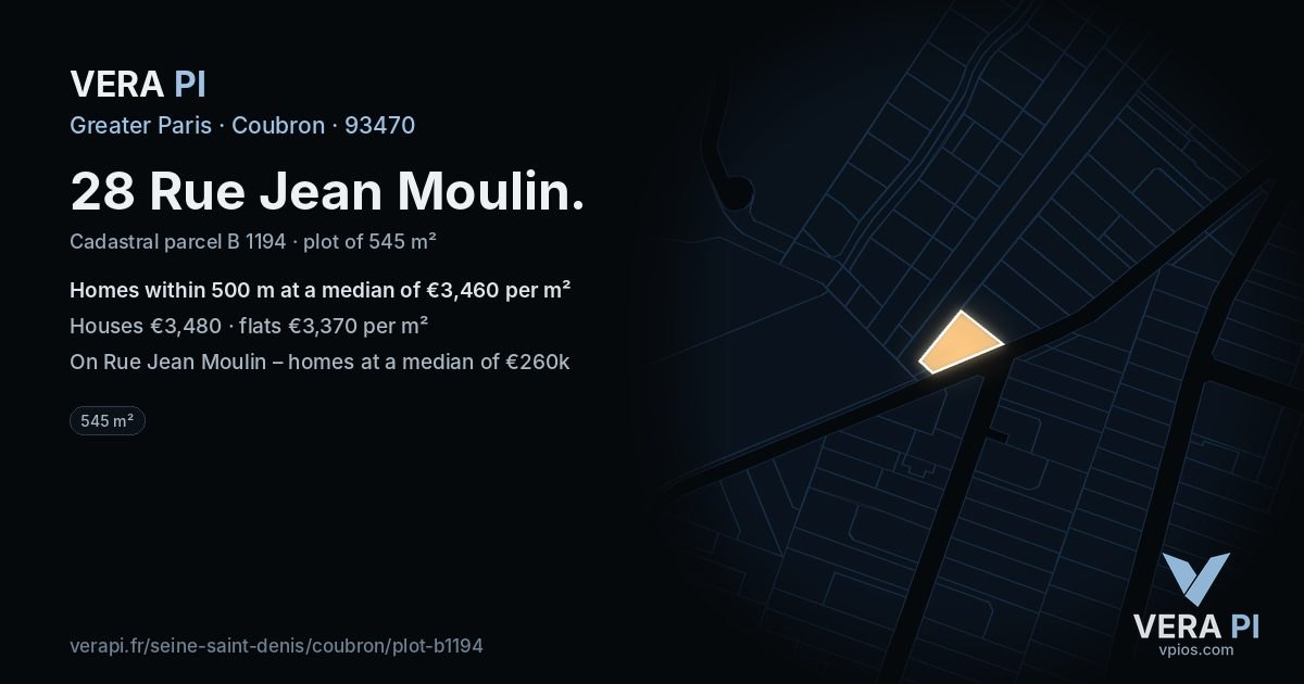 28 Rue Jean Moulin, Coubron at night – the plot lit, the parcels around coloured by the prices near them