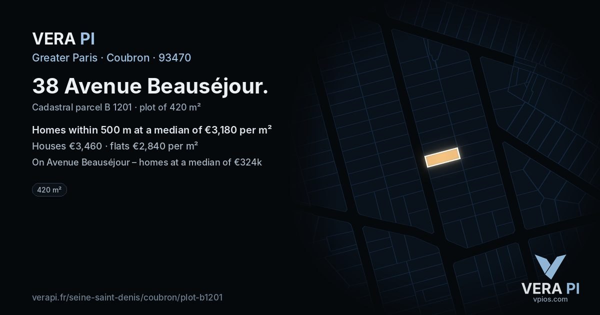 38 Avenue Beauséjour, Coubron at night – the plot lit, the parcels around coloured by the prices near them