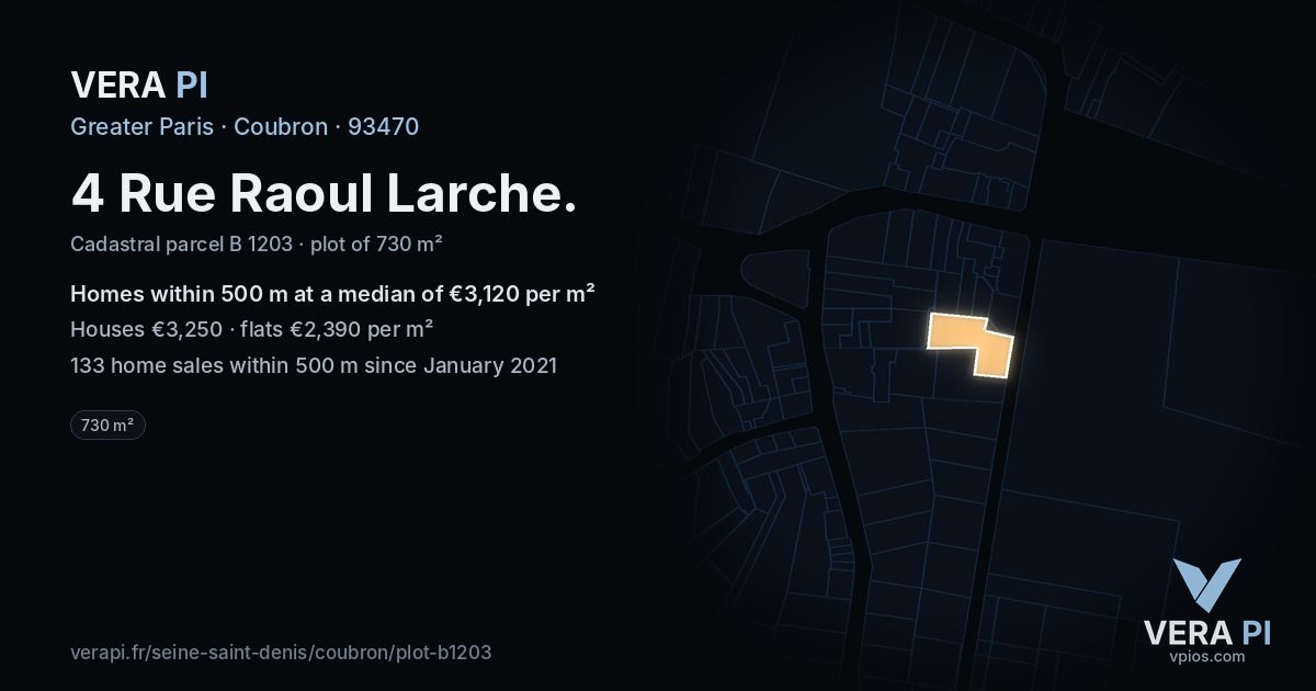 4 Rue Raoul Larche, Coubron at night – the plot lit, the parcels around coloured by the prices near them