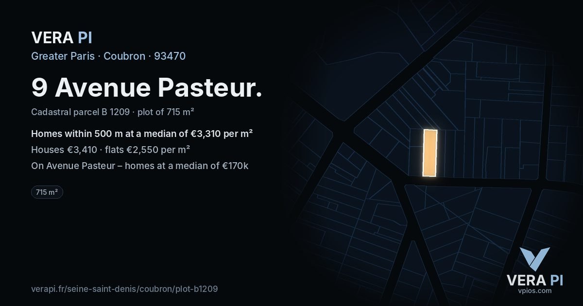 9 Avenue Pasteur, Coubron at night – the plot lit, the parcels around coloured by the prices near them