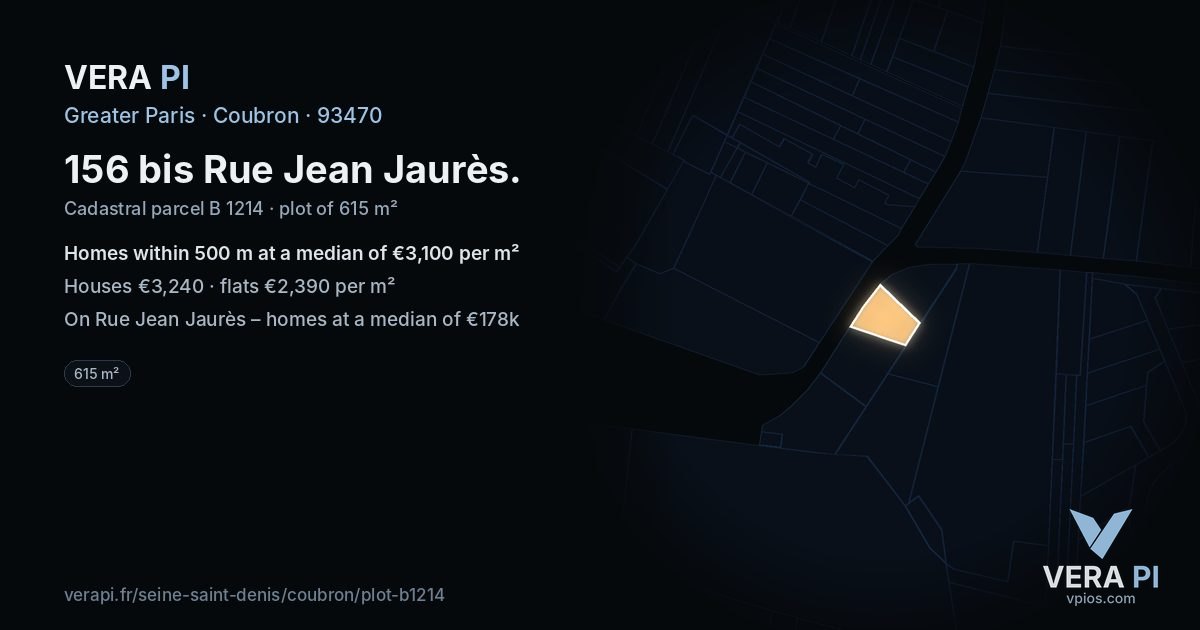 156 bis Rue Jean Jaurès, Coubron at night – the plot lit, the parcels around coloured by the prices near them