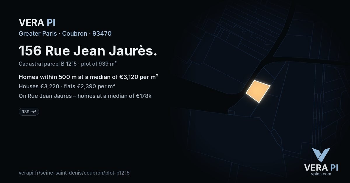 156 Rue Jean Jaurès, Coubron at night – the plot lit, the parcels around coloured by the prices near them