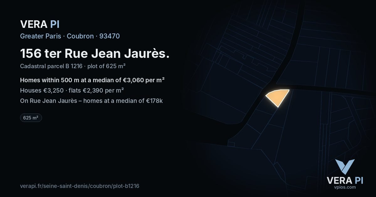 156 ter Rue Jean Jaurès, Coubron at night – the plot lit, the parcels around coloured by the prices near them