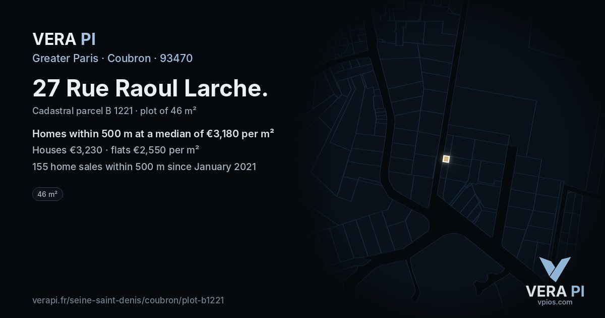 27 Rue Raoul Larche, Coubron at night – the plot lit, the parcels around coloured by the prices near them