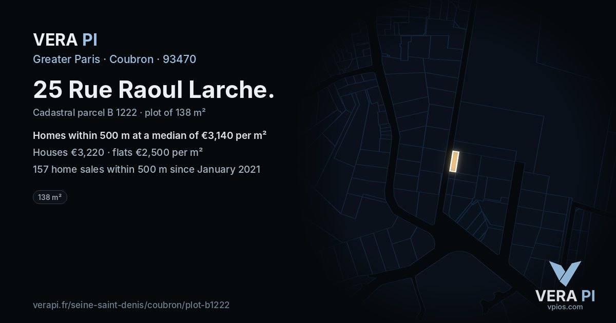 25 Rue Raoul Larche, Coubron at night – the plot lit, the parcels around coloured by the prices near them