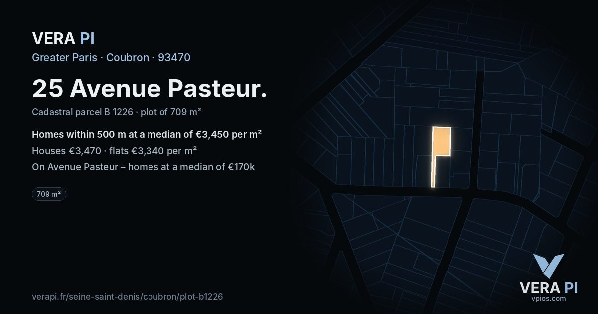 25 Avenue Pasteur, Coubron at night – the plot lit, the parcels around coloured by the prices near them
