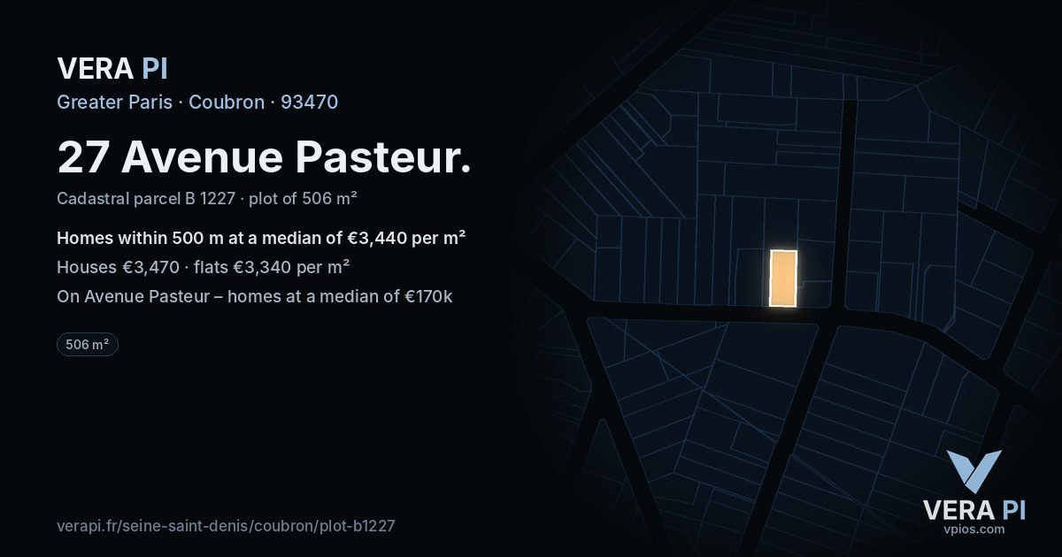 27 Avenue Pasteur, Coubron at night – the plot lit, the parcels around coloured by the prices near them