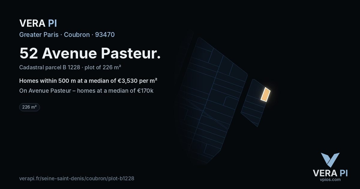 52 Avenue Pasteur, Coubron at night – the plot lit, the parcels around coloured by the prices near them