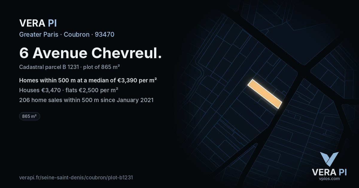 6 Avenue Chevreul, Coubron at night – the plot lit, the parcels around coloured by the prices near them