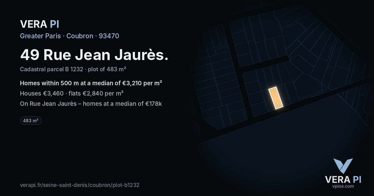 49 Rue Jean Jaurès, Coubron at night – the plot lit, the parcels around coloured by the prices near them