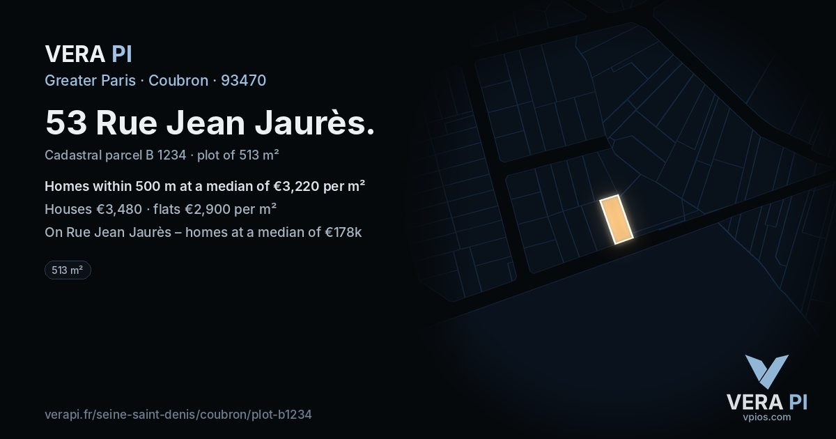 53 Rue Jean Jaurès, Coubron at night – the plot lit, the parcels around coloured by the prices near them
