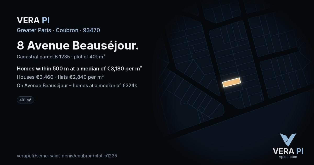 8 Avenue Beauséjour, Coubron at night – the plot lit, the parcels around coloured by the prices near them