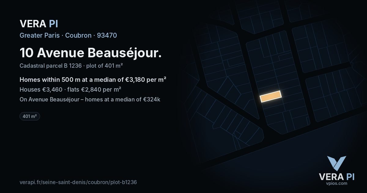 10 Avenue Beauséjour, Coubron at night – the plot lit, the parcels around coloured by the prices near them