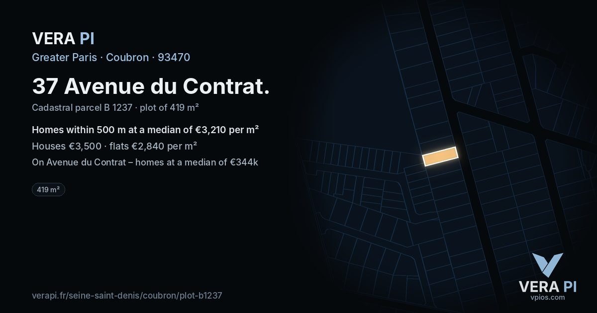 37 Avenue du Contrat, Coubron at night – the plot lit, the parcels around coloured by the prices near them