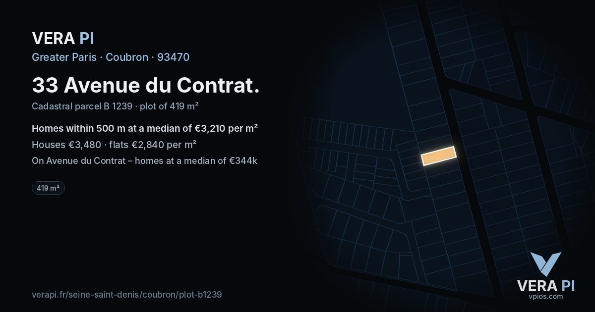33 Avenue du Contrat, Coubron at night – the plot lit, the parcels around coloured by the prices near them