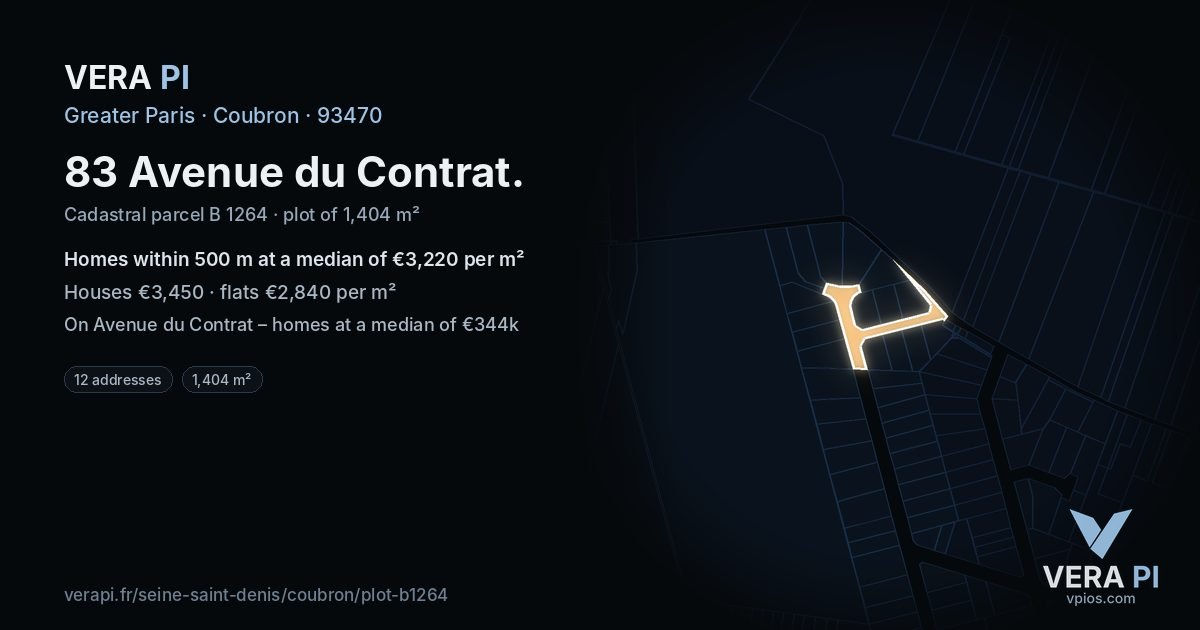 83 Avenue du Contrat, Coubron at night – the plot lit, the parcels around coloured by the prices near them
