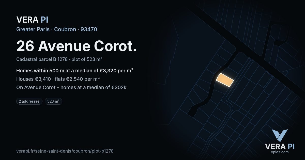26 Avenue Corot, Coubron at night – the plot lit, the parcels around coloured by the prices near them