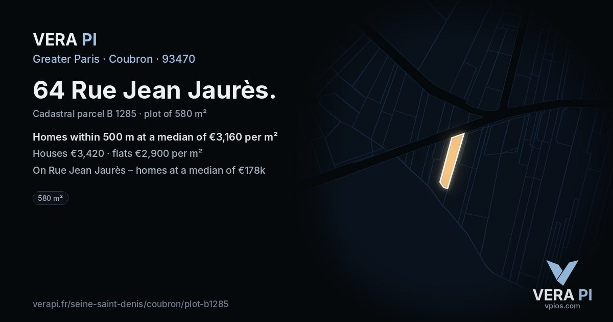 64 Rue Jean Jaurès, Coubron at night – the plot lit, the parcels around coloured by the prices near them