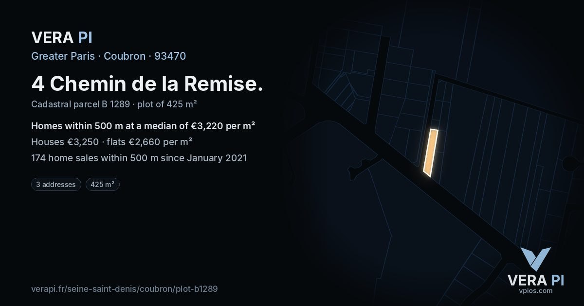 4 Chemin de la Remise, Coubron at night – the plot lit, the parcels around coloured by the prices near them