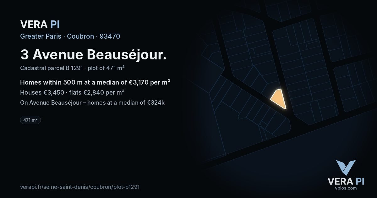 3 Avenue Beauséjour, Coubron at night – the plot lit, the parcels around coloured by the prices near them