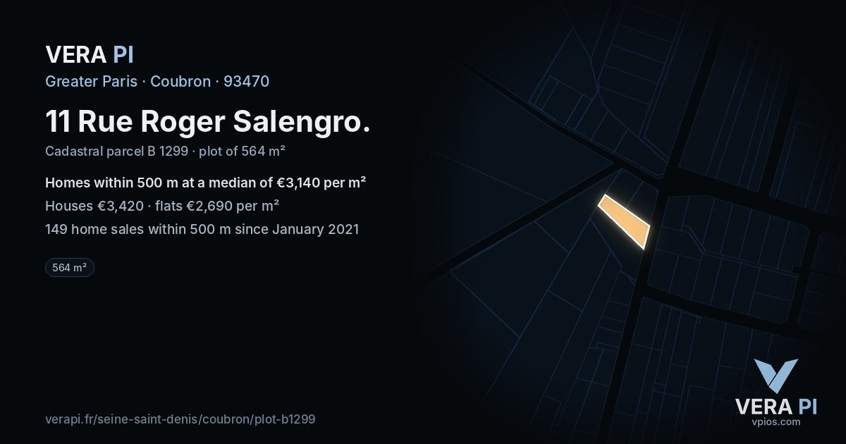 11 Rue Roger Salengro, Coubron at night – the plot lit, the parcels around coloured by the prices near them
