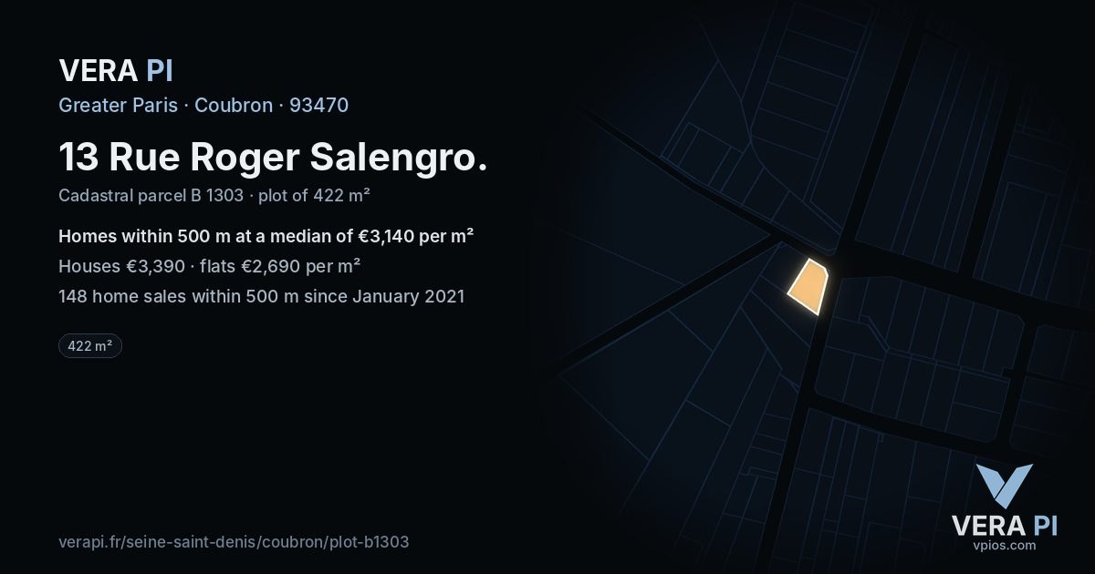 13 Rue Roger Salengro, Coubron at night – the plot lit, the parcels around coloured by the prices near them