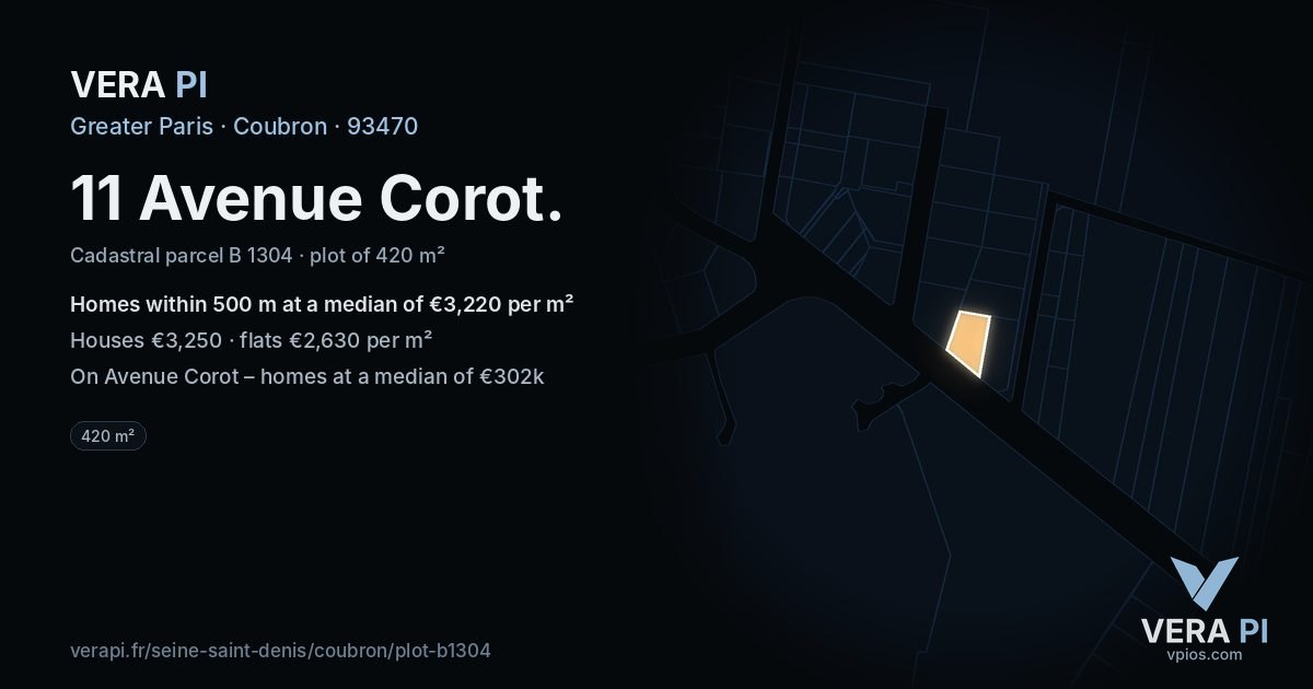 11 Avenue Corot, Coubron at night – the plot lit, the parcels around coloured by the prices near them