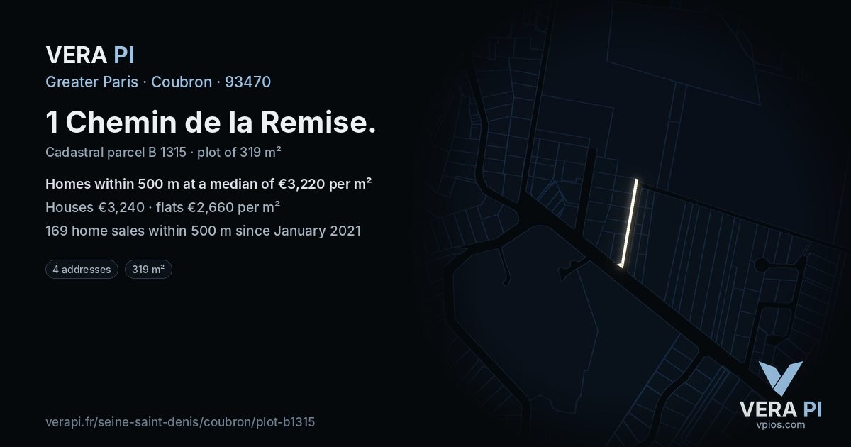 1 Chemin de la Remise, Coubron at night – the plot lit, the parcels around coloured by the prices near them