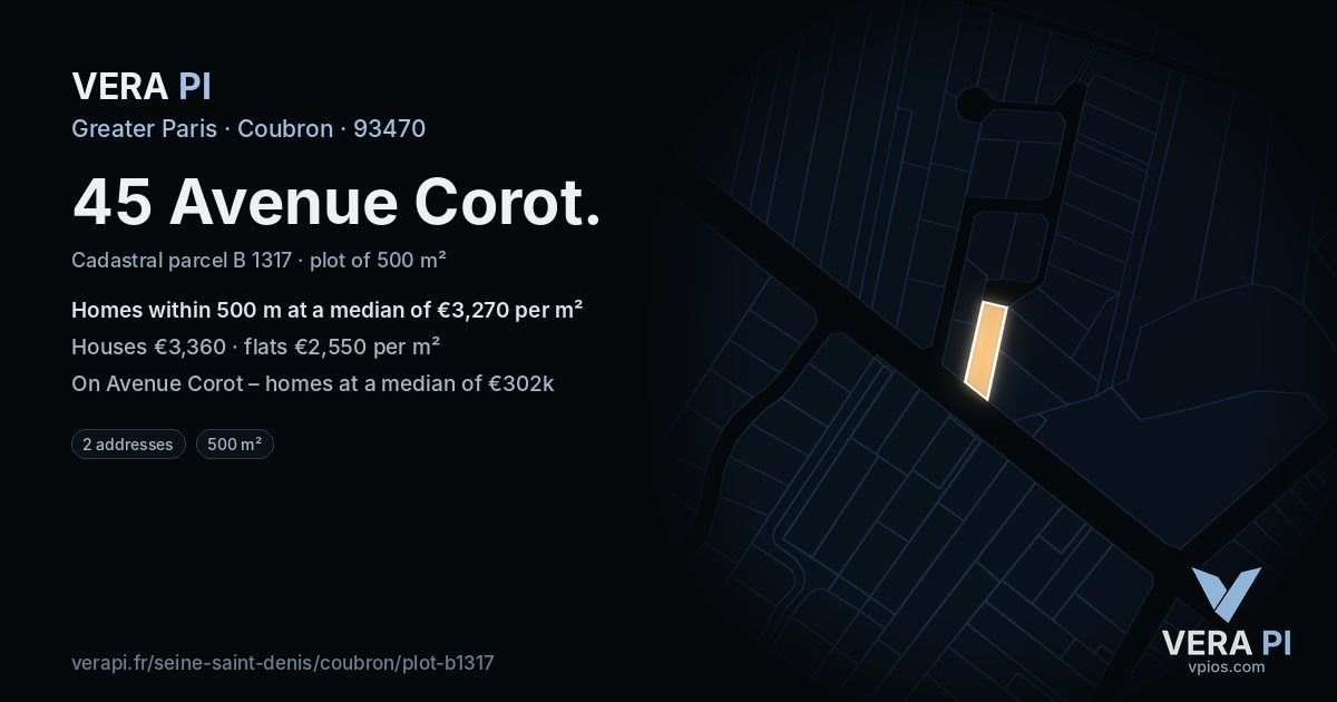 45 Avenue Corot, Coubron at night – the plot lit, the parcels around coloured by the prices near them