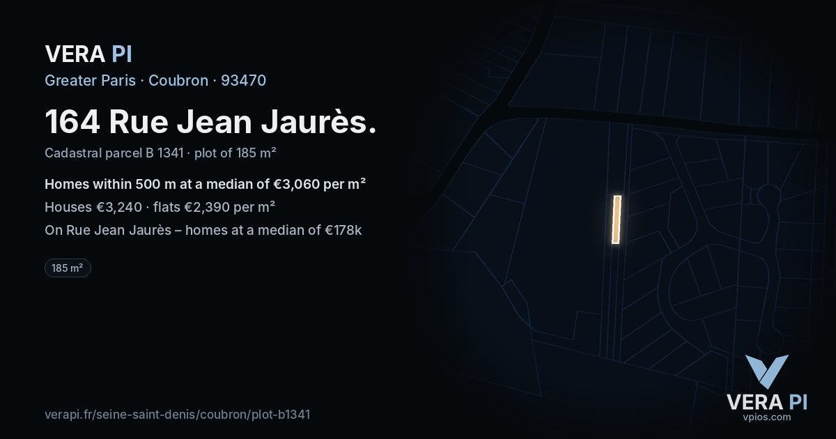 164 Rue Jean Jaurès, Coubron at night – the plot lit, the parcels around coloured by the prices near them