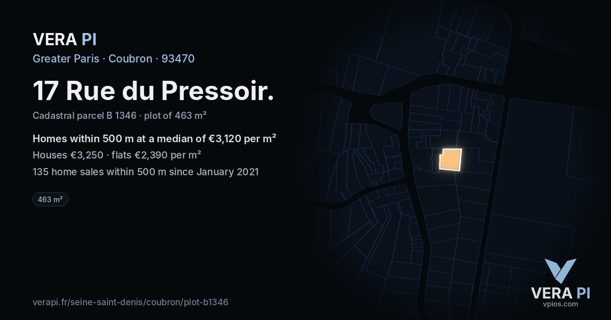 17 Rue du Pressoir, Coubron at night – the plot lit, the parcels around coloured by the prices near them