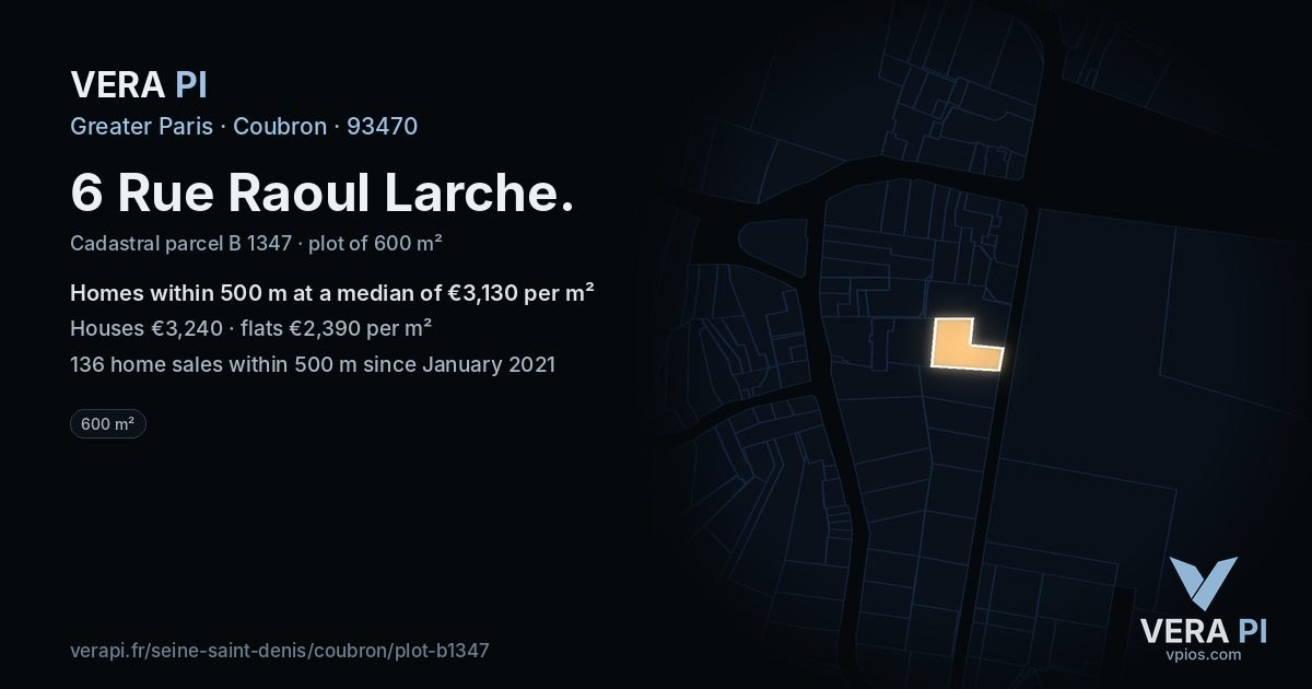 6 Rue Raoul Larche, Coubron at night – the plot lit, the parcels around coloured by the prices near them