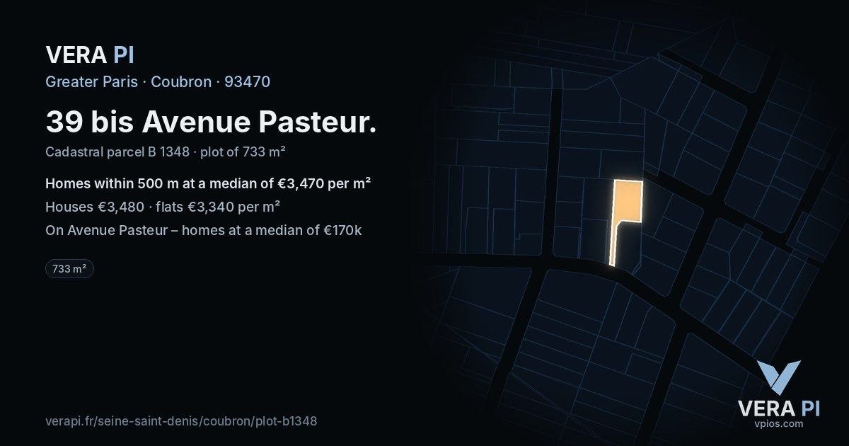 39 bis Avenue Pasteur, Coubron at night – the plot lit, the parcels around coloured by the prices near them