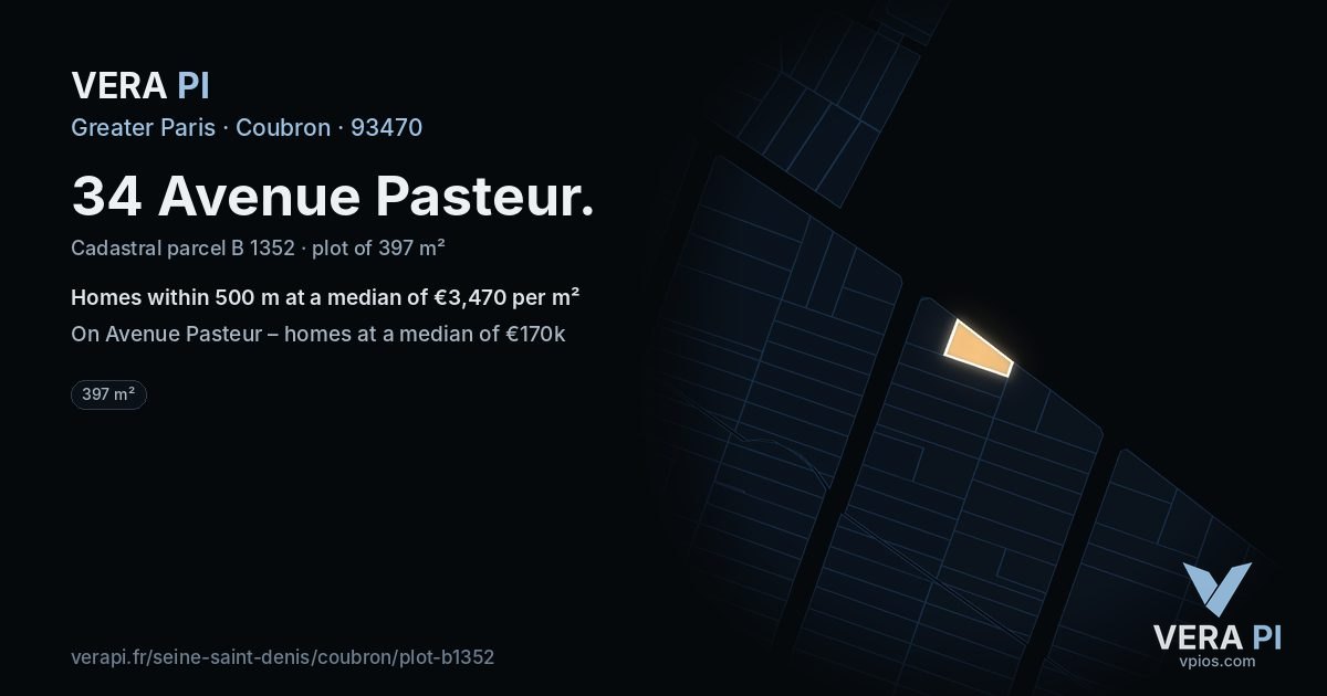 34 Avenue Pasteur, Coubron at night – the plot lit, the parcels around coloured by the prices near them