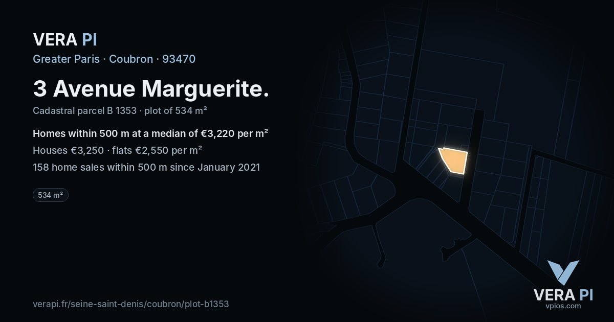 3 Avenue Marguerite, Coubron at night – the plot lit, the parcels around coloured by the prices near them