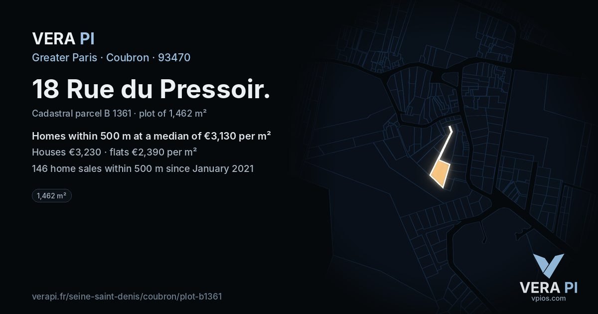 18 Rue du Pressoir, Coubron at night – the plot lit, the parcels around coloured by the prices near them