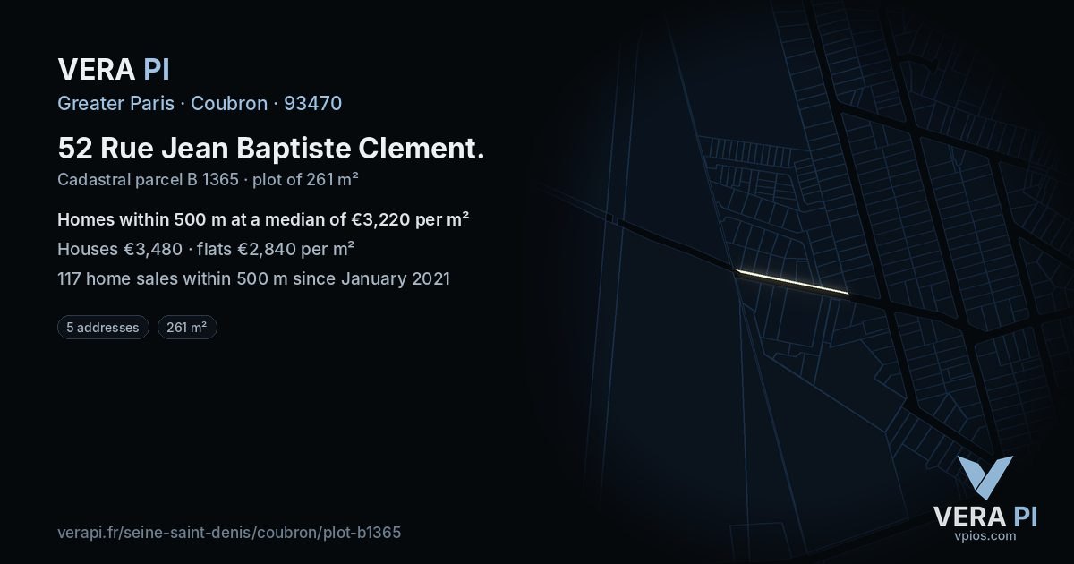 52 Rue Jean Baptiste Clement, Coubron at night – the plot lit, the parcels around coloured by the prices near them