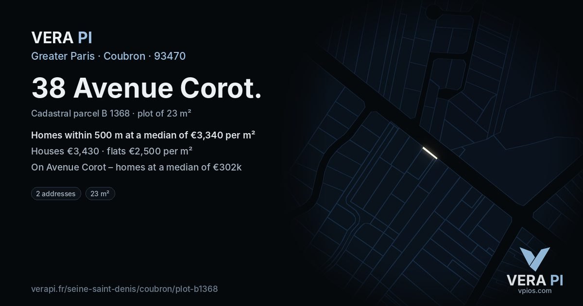 38 Avenue Corot, Coubron at night – the plot lit, the parcels around coloured by the prices near them