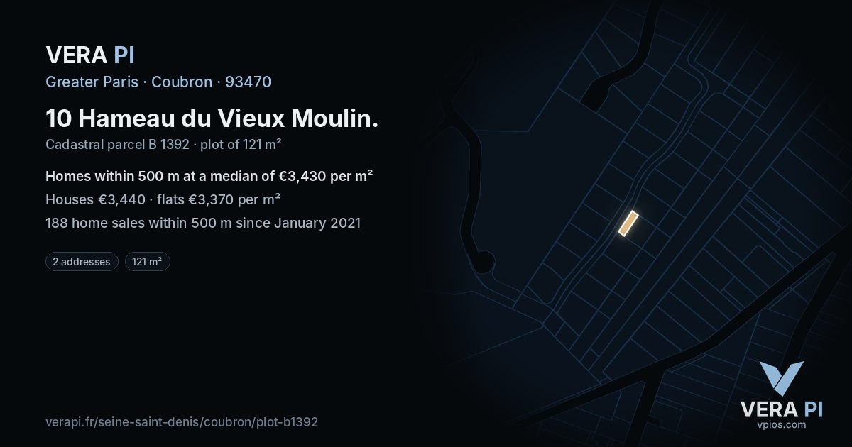 10 Hameau du Vieux Moulin, Coubron at night – the plot lit, the parcels around coloured by the prices near them